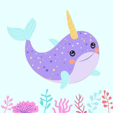 Deniz gergedanı, boynuzlu, dişli şirin bir deniz hayvanı. Kawaii su altı tek boynuzlu at balığı. Tropikal denizde yüzen mutlu sualtı yaratığı. Çocuksu düz vektör çizimi