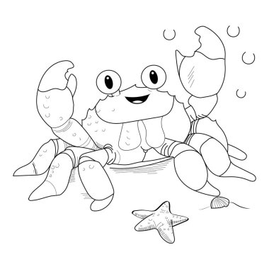 Yengeç ve denizyıldızı plaj boyama örtüsü, deniz yıldızı dalgalanması, kumdaki deniz kabukları. Çocuklar için boyama kitabı, çocuklar için boyama sayfası, vektör düzlüğü