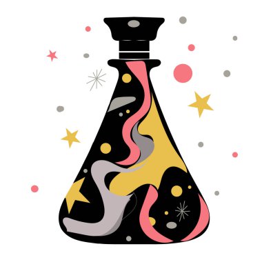 Memphis retro tarzında yağ dağıtıcı şişesi kıvrımlı, kıvrımlı, karalamalı, yıldızlı ve geometrik desenli düz vektör kalın hatlı ve parlak paletli.