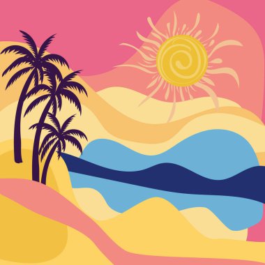 Moda tarzı illüstrasyon. Yaz mevsimi plaj güneşi ve palmiye, parlak hippi tarzı düz poster.