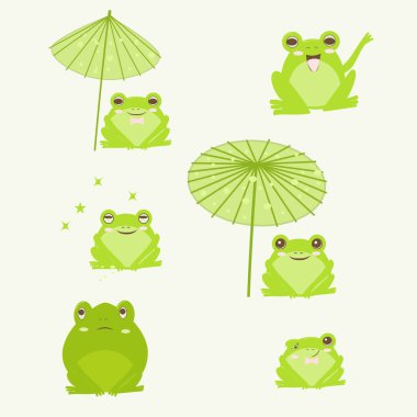 Tapılası kawaii kurbağa karakterleri seti, Japon estetiği, düz vektör çizimi, yumuşak pastel renkler, minimalist ve temiz tasarım, yuvarlak ve tombul şekiller, sevimli gülen yüzler, geleneksel Japonca 