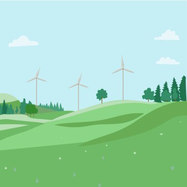 Türbinli düz vektör manzarası yeşil çimen mavi gökyüzü, karalama konsepti