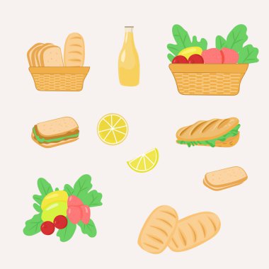 Piknik düz vektörü, ekmek, sandviçler, meyve ve çilek seti, izole edilmiş piknik sepeti