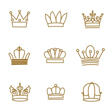 Farklı düz vektör karalama nesneleri ile izole edilmiş çizgi taçları kümesi