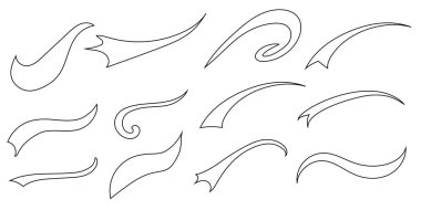 Beyzbol çizgisi kuyrukları, izole edilmiş siyah vektör kıvrımlı çizgiler, beyzbol dekorasyonu. Spor, geçmişe dönük şekillerde ayarlanır. Döndürme darbeleri düz vektör, çizgi sanatı