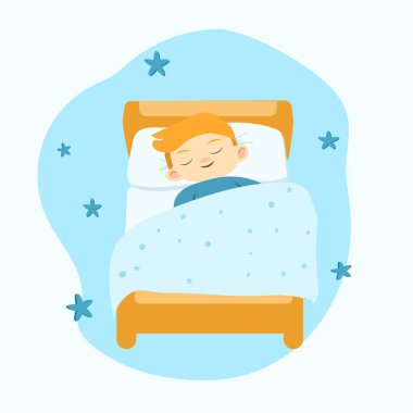 Düz vektör illüstrasyon yatakta uyuyan çocuk, çocuk rahat sağlık, tebrik kartı, poster için