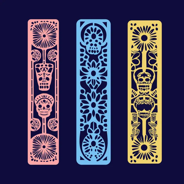 Meksika papel picado çerçeve seti - çiçek ve yapraklarla dikdörtgen, dia de muertos kutlamaları için kafatası desenli kemer tasarımı.