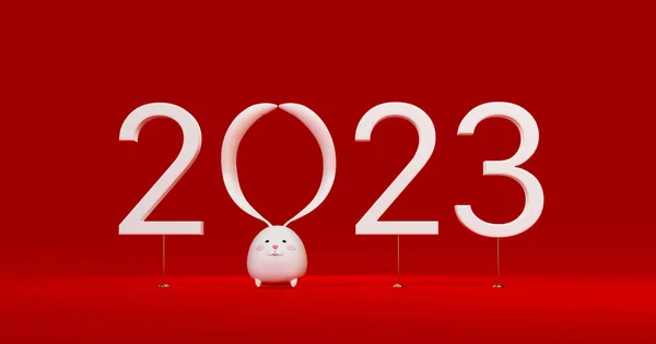 3d white bunny character. The rabbit on a red background for web banners, Chinese new year 2023. 3d rendering