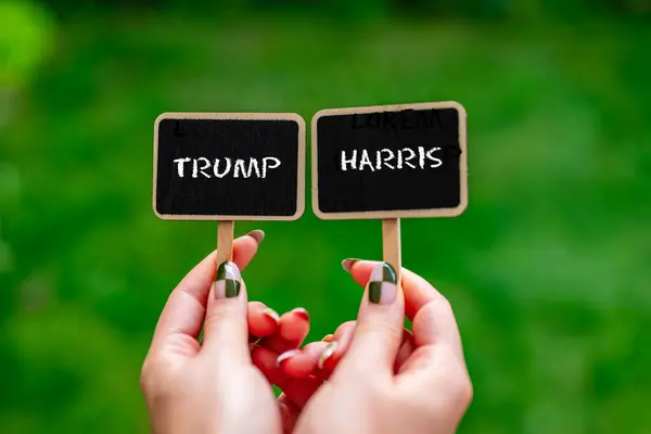 ABD başkanlığı seçim mitinginde iki rakibin konsept fotoğrafı. Trump ve Harris yeşil arka plana karşı tebeşirle yazı yazmışlar.