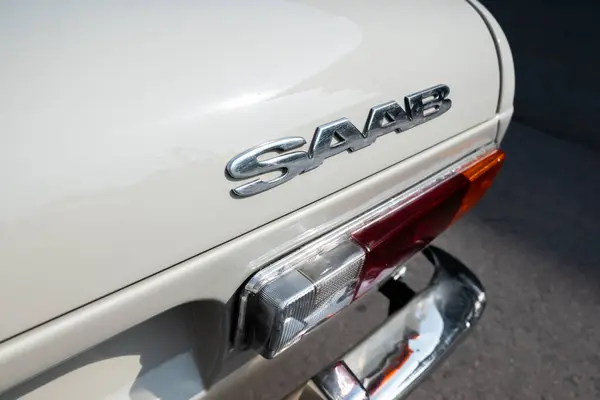 stock image Lublin, Poland August 24 2024 close up of a vintage saab logo on Saab 99 car