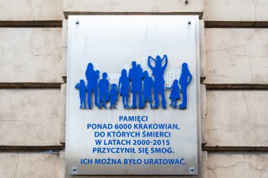 krakow, Poland October 29 2023 plaque saying 'In memory of over 6000 citizens killed by smog in Krakow in 2000-2015. They could have been saved'. clipart