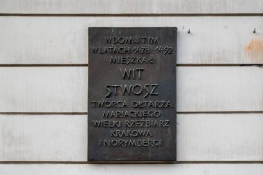 Krakow, Poland October 29 2023 Plate on the house where 'Veitt Stoss (Wit Stwosz), a sculptor from Cracow and Nuremberg, creator of famous wooden altarpiece, lived in 1478-1492 clipart