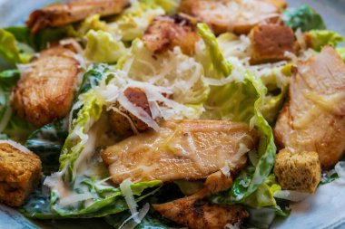 Sezar (veya Cesar) yeşil Romaine marulu, kızarmış ekmek, tavuk, parmesan peyniri ve beyaz soslu salata beyaz tabakta servis edilir.