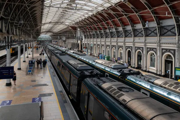 Londra, İngiltere 08 Temmuz 2025 tarihi Paddington Tren İstasyonu manzaralı banliyö turistleri ve trenleri seyahat etmeyi bekliyor