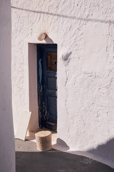 Wooden Blue Door Entrance - Pyrgos Village, Santorini Island, Greece