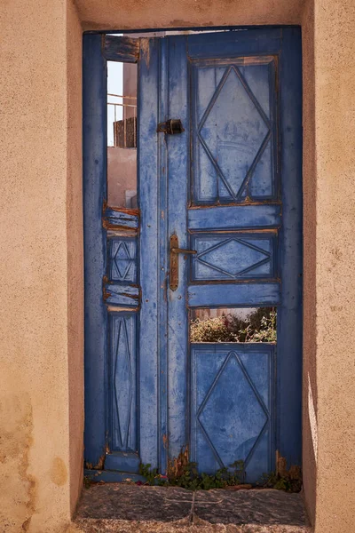 Houten Oude Blauwe Deur Entree Pyrgos Village Santorini Island Griekenland — Stockfoto