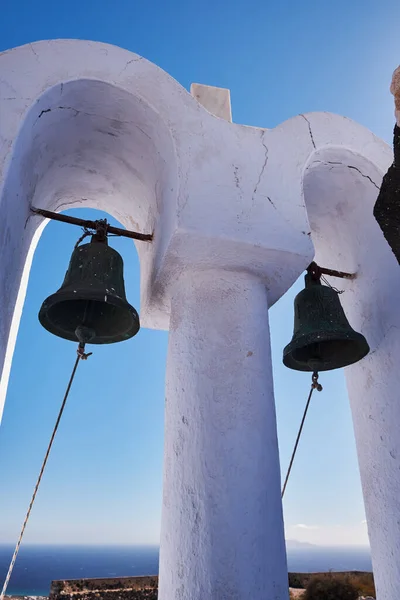 stock image White Bell Tower of a Small Church - Pyrgos Village, Santorini Island, Greece