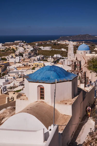 Blue Dome Saint Theodsia Church Pyrgos Village Santorini Island Greece — 스톡 사진
