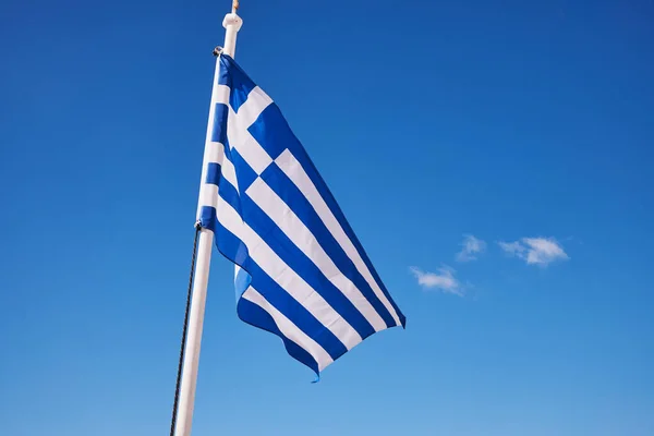 Greek Flag Pyrgos Village Santorini Island Greece — Stock Photo, Image