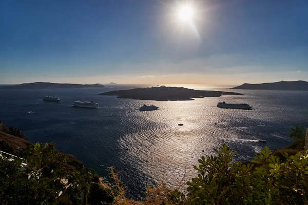 stock image Aerial Panorama View of Santorini Island, Greece - Cruise Ships in the Aegean Sea - Summer Holidays, Caldera Views, Romantic, Travel Destination