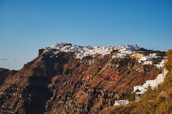 希腊圣托里尼岛Imerovigli村和Skaros岩石的全景空中景观 Caldera悬崖上的传统白宫 — 图库照片
