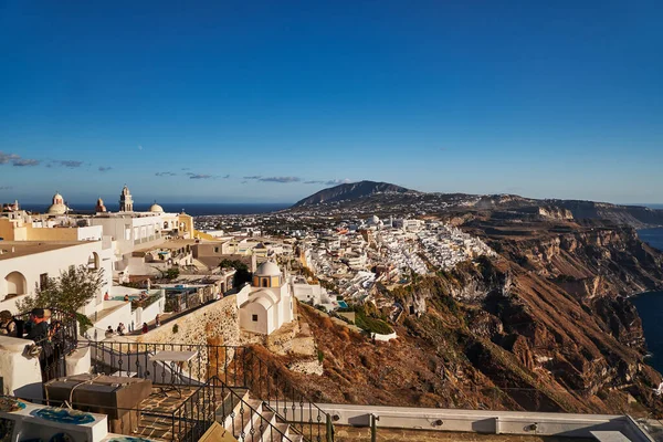 stock image Panoramic Aerial View of Fira Village in Santorini Island, Greece - Traditional White Houses in the Caldera Cliffs