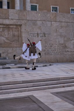Presidential Guard with Traditional Evzone's Uniform - ceremonial infantry unit that guards the Tomb of the Unknown Soldier and the Presidential Mansion in Athens, Greece