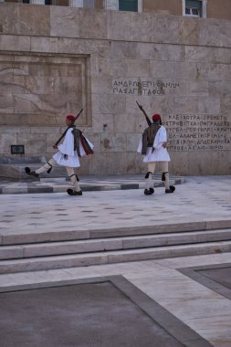 Presidential Guard with Traditional Evzone's Uniform - ceremonial infantry unit that guards the Tomb of the Unknown Soldier and the Presidential Mansion in Athens, Greece