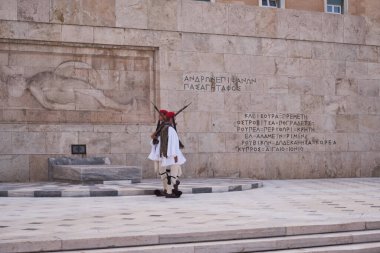 Presidential Guard with Traditional Evzone's Uniform - ceremonial infantry unit that guards the Tomb of the Unknown Soldier and the Presidential Mansion in Athens, Greece