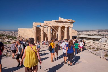Lots of Peole and Details of the Entrance to the Acropolis of Athens, Greece
