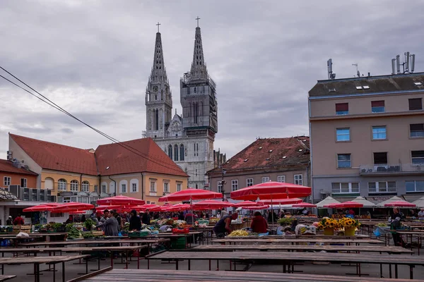 Tradycyjny Bazar Dolac Katedra Zagrzebiu Chorwacja Gotycki Kościół Rzymskokatolicki Kaptolu — Zdjęcie stockowe