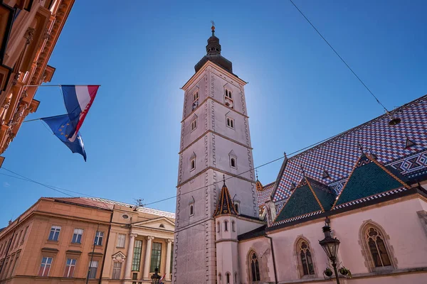 Mark Katolik Kilisesi Crkva Marka Zagreb Hırvatistan Saat Kulesi Armalı — Stok fotoğraf