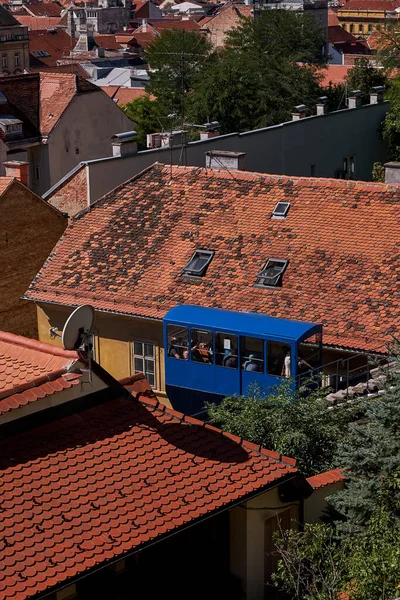 Aerial View Blue Zagreb Little Funicular City Skyline Orange Tiled — Stock Photo, Image
