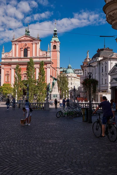 Slovenya Nın Ljubljana Kentindeki Pedestrian Köprüsü Geleneksel Renkli Evler — Stok fotoğraf