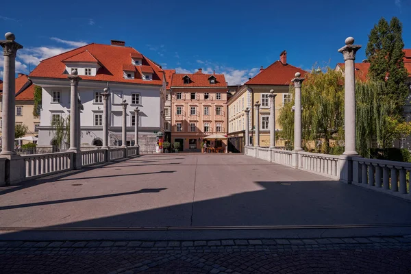 Slovenya Nın Ljubljana Kentindeki Pedestrian Köprüsü Geleneksel Renkli Evler — Stok fotoğraf