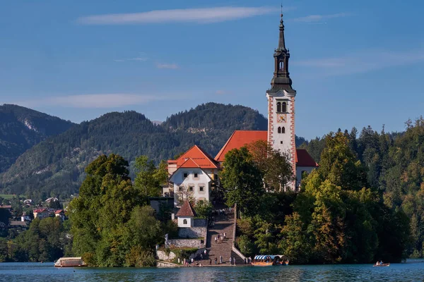 Assunção Igreja Maria Ilha Lake Bled Eslovénia Cartão Postal Europa — Fotografia de Stock