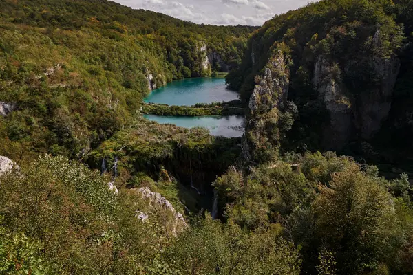 Vista Aérea Panorama Parque Nacional Dos Lagos Plitvice Cachoeiras Croácia — Fotografia de Stock