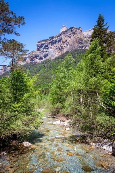 River Foreground Monte Perdido Background Rechtenvrije Stockfoto's
