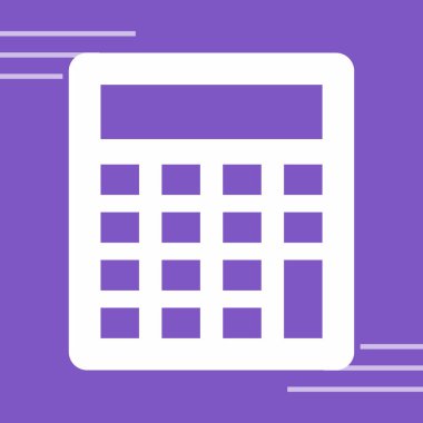 Hesap makinesi vektör simgesi. biçim düz yuvarlak kare düğmedir, mor ve beyaz renkler, beyaz arkaplan