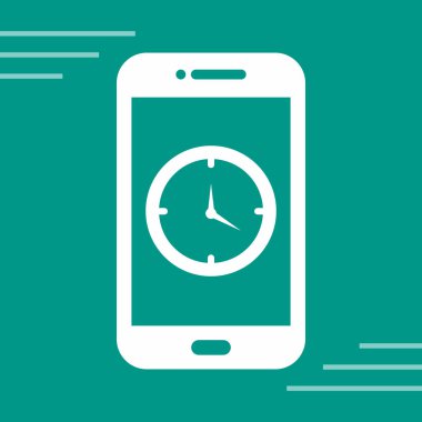 Saat simgesi olan akıllı telefon. Beyaz, mavi arka planda, uzun gölgeli. vektör illüstrasyonu