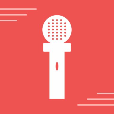 Beyaz çizgi mikrofon ikonu uzun gölgeli izole edilmiş. Radyodaki mikrofondan. Sözcü işareti. Kırmızı daire düğmesi. Vektör.