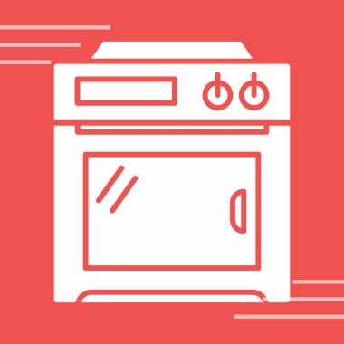 Fırın vektör simgesi kırmızı arkaplanda izole edildi, mutfak fırını işareti