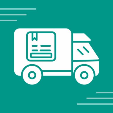 Beyaz arka planda karton kutu simgesi olan yeşil teslimat kamyonu. dağıtım servisi simgesi. Uzun gölge tarzı. vektör illüstrasyonu