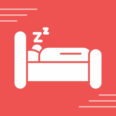 Kırmızı arkaplanda beyaz yatak ve yastık simgesi var. vektör illüstrasyonu