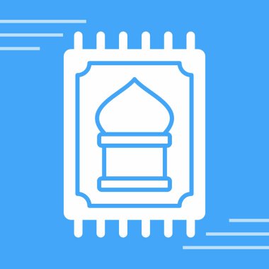 Beyaz çizgi geleneksel Türk halısı ve Türk halısı ikonu mavi arka planda izole edilmiş. Türk Müslüman halısı, Ramazan Kareem. Bayram mübareği. vektör illüstrasyonu