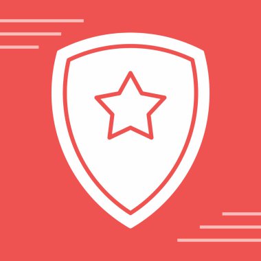 Beyaz çizgi kalkanı ve kırmızı arka planda uzun gölgeli yıldız ikonu, en iyi sigorta, güvenlik konsepti, güvenlik günü sembolü. rastgele uzun noktalar.