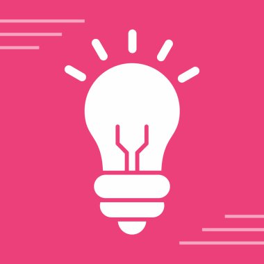 Kırmızı arka planda izole edilmiş, yıldırım simgesi olan beyaz bir ampul. Elektrikli lamba işareti. Alternatif enerji sembolü Pembe daire düğmesi. düz dizayn. vektör illüstrasyonu