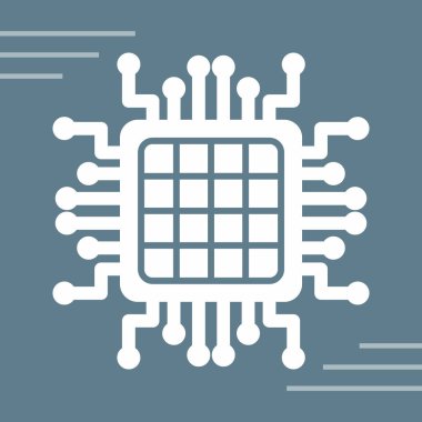 Devre kartı simgesi. Vektör çizimi. Şeffaf arkaplanda yumuşak mavi renkli düz ikonik sembol. Web ve yazılım arayüzleri için dizayn edildi.