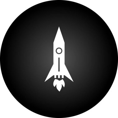 Beyaz arka planda siyah daire şeklinde izole edilmiş bir roket simgesi. Roketin çizimi