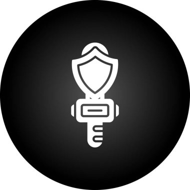 Siyah kalkan simgesi beyaz arkaplanda izole edildi. Koruma işareti. Güvenlik, güvenlik, mahremiyet, gizlilik kavramı. Gümüş daire düğmesi. vektör illüstrasyonu